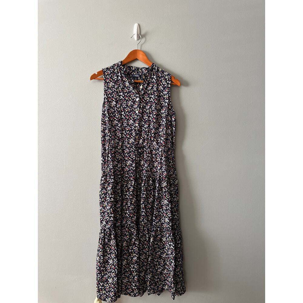Chaps Floral Midi Dress Women’s Large Black Sleeveless Button Front Tiered